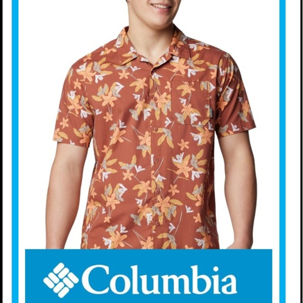 Columbia Men Regular fit Short Sleeve Button-Up Shirt XXL Orange Floral